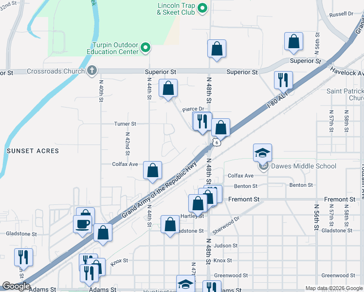 map of restaurants, bars, coffee shops, grocery stores, and more near 4624 Colfax Circle in Lincoln