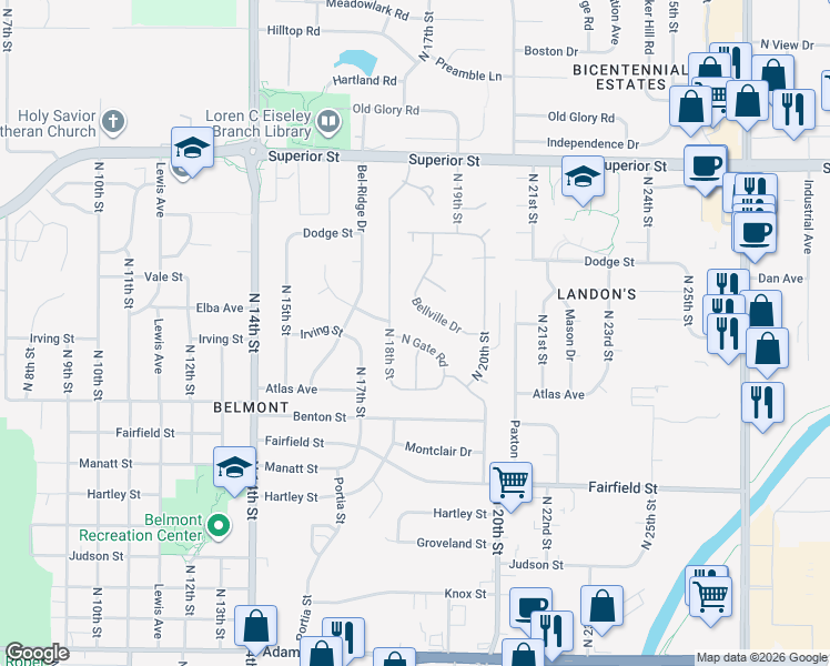 map of restaurants, bars, coffee shops, grocery stores, and more near 4149 Bellville Drive in Lincoln