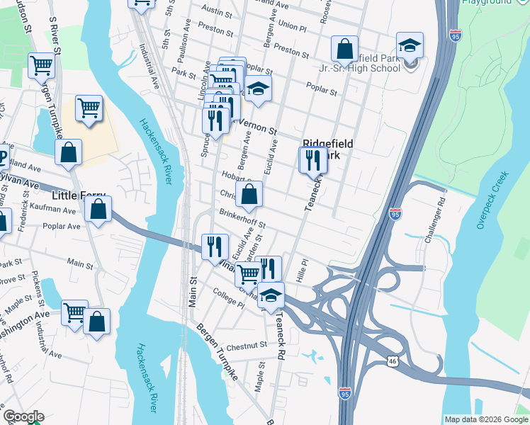 map of restaurants, bars, coffee shops, grocery stores, and more near 116 Christie Street in Ridgefield Park