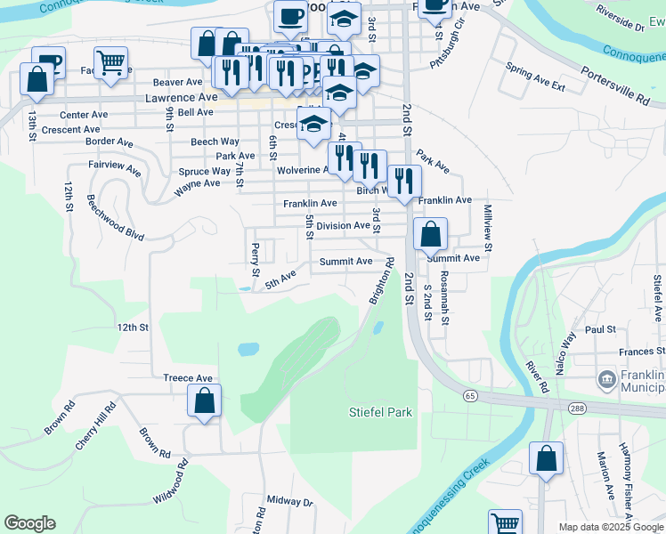 map of restaurants, bars, coffee shops, grocery stores, and more near 411 Summit Avenue in Ellwood City