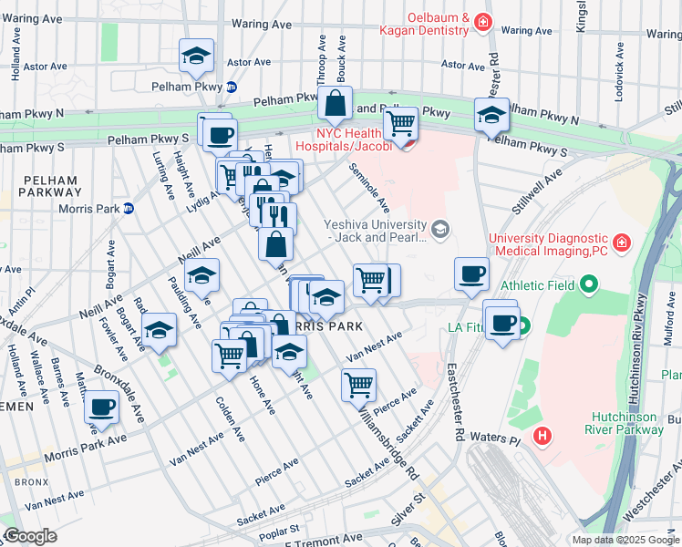 map of restaurants, bars, coffee shops, grocery stores, and more near 1857 Hering Avenue in Bronx