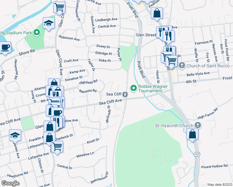 map of restaurants, bars, coffee shops, grocery stores, and more near 63 Glen Keith Road in Glen Cove