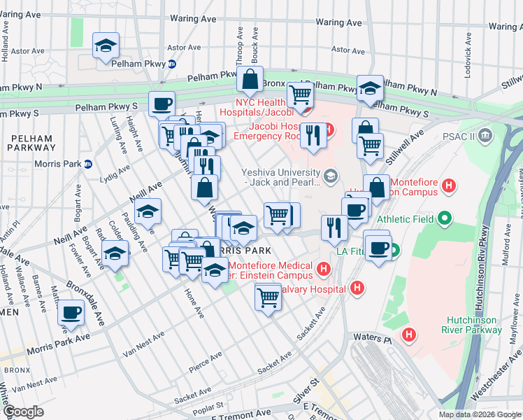 map of restaurants, bars, coffee shops, grocery stores, and more near 1818 Tenbroeck Avenue in Bronx