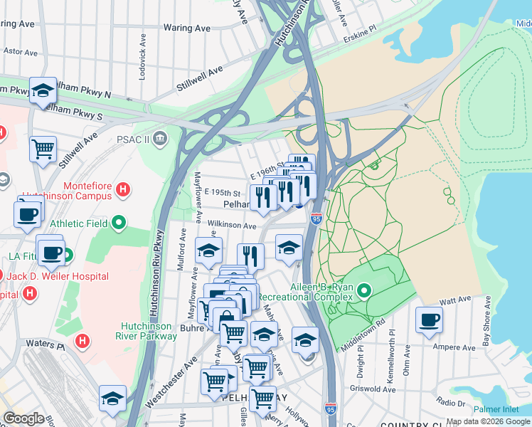 map of restaurants, bars, coffee shops, grocery stores, and more near 2025 Continental Avenue in Bronx