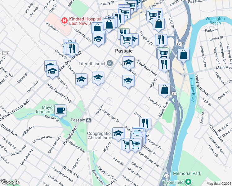 map of restaurants, bars, coffee shops, grocery stores, and more near 207 Aycrigg Avenue in Passaic