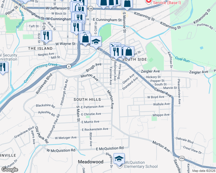 map of restaurants, bars, coffee shops, grocery stores, and more near 403 Walker Avenue in Butler