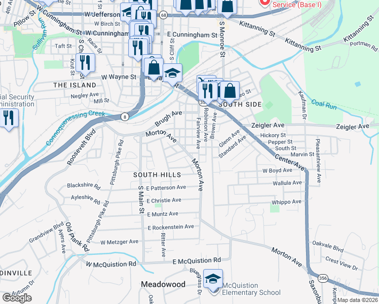map of restaurants, bars, coffee shops, grocery stores, and more near 403 Walker Avenue in Butler