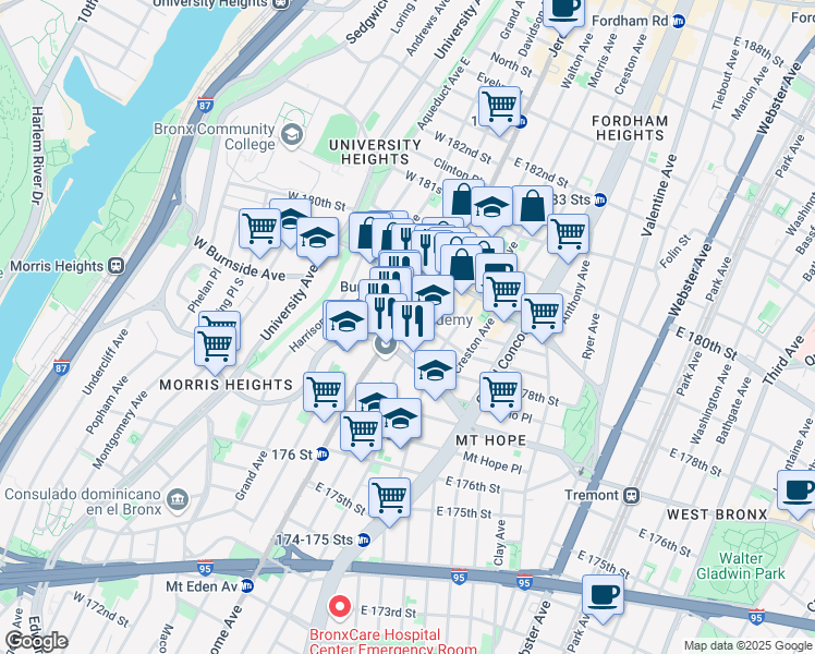 map of restaurants, bars, coffee shops, grocery stores, and more near 2016 Jerome Avenue in The Bronx