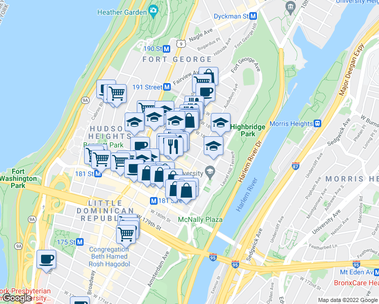 map of restaurants, bars, coffee shops, grocery stores, and more near 559 West 186th Street in New York
