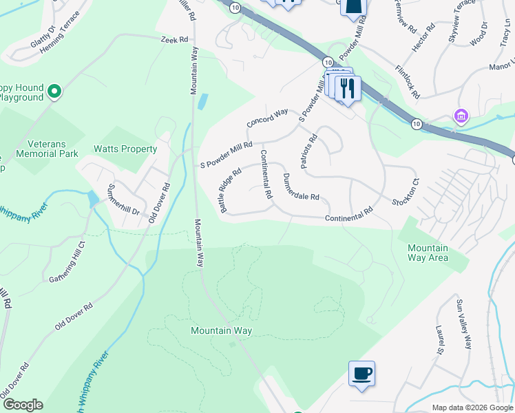 map of restaurants, bars, coffee shops, grocery stores, and more near 6 Battle Ridge Road in Morris Plains