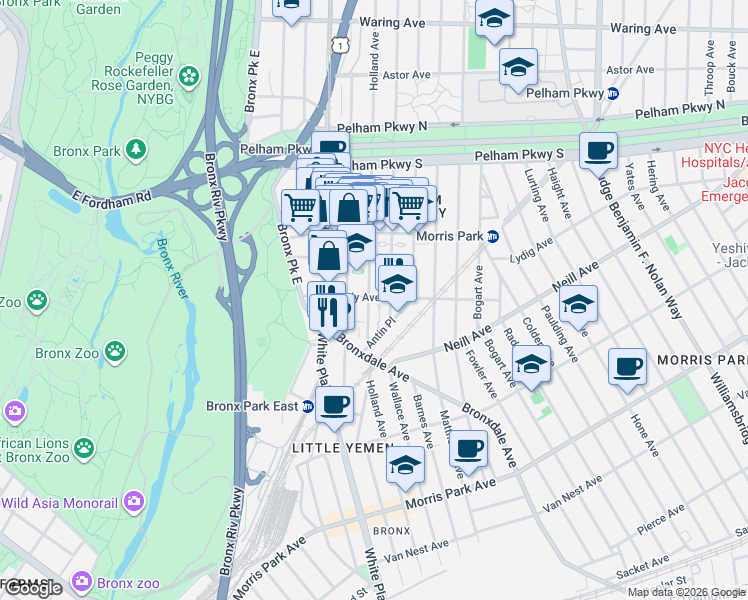 map of restaurants, bars, coffee shops, grocery stores, and more near 754 Brady Avenue in The Bronx