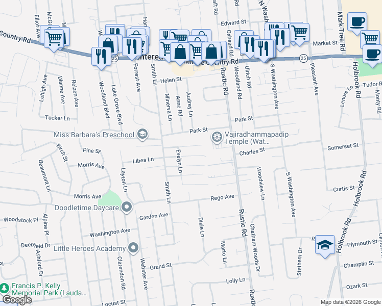 map of restaurants, bars, coffee shops, grocery stores, and more near 20 Van Bergen Boulevard in Centereach