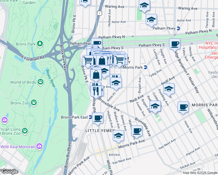 map of restaurants, bars, coffee shops, grocery stores, and more near in The Bronx