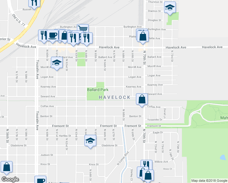 map of restaurants, bars, coffee shops, grocery stores, and more near 3901 North 67th Street in Lincoln