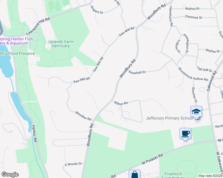 map of restaurants, bars, coffee shops, grocery stores, and more near 437 Woodbury Road in Cold Spring Harbor