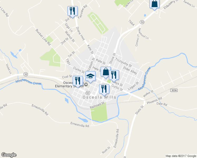 map of restaurants, bars, coffee shops, grocery stores, and more near Decatur Alley in Osceola Mills