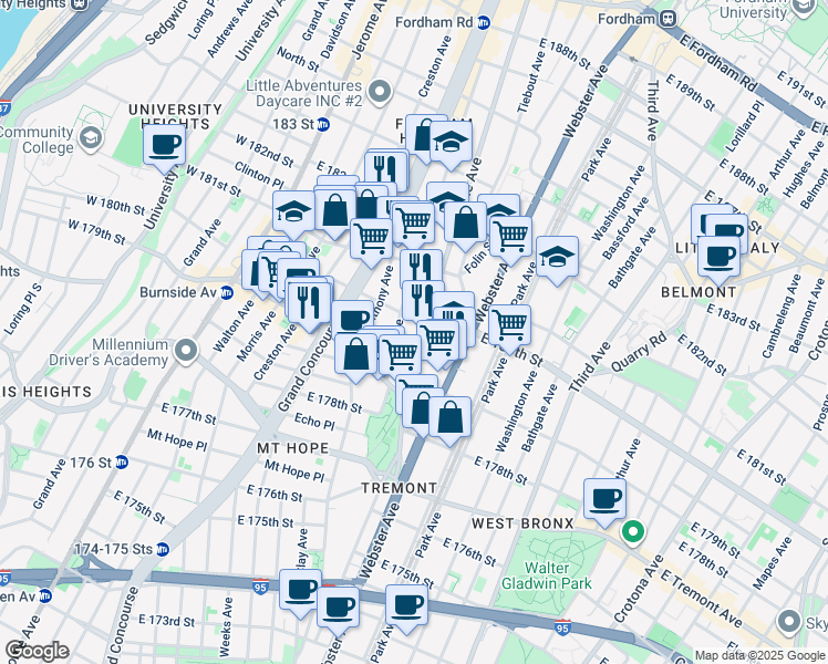 map of restaurants, bars, coffee shops, grocery stores, and more near in The Bronx