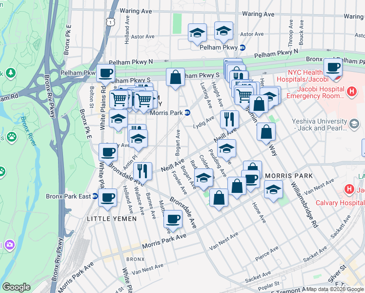 map of restaurants, bars, coffee shops, grocery stores, and more near 2019 Colden Avenue in Bronx