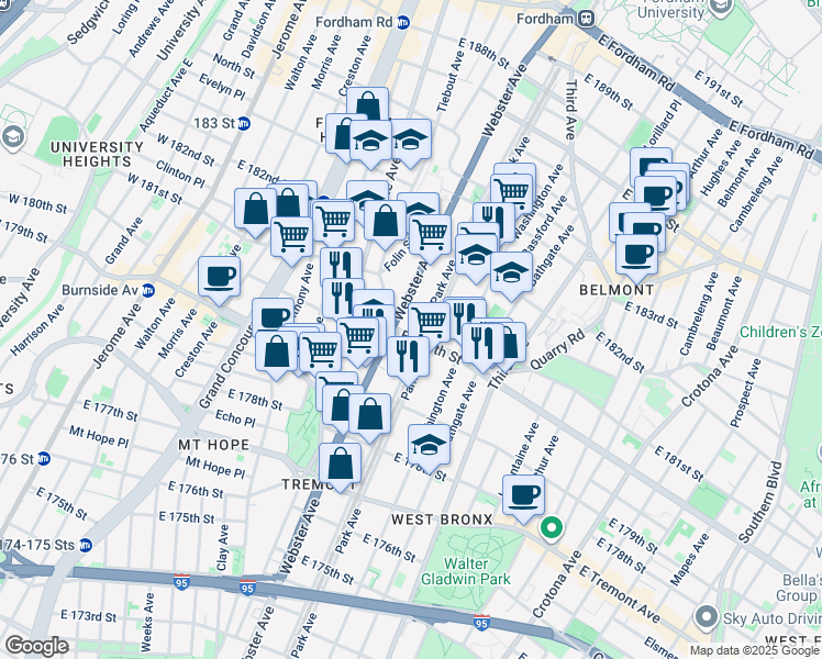 map of restaurants, bars, coffee shops, grocery stores, and more near in The Bronx