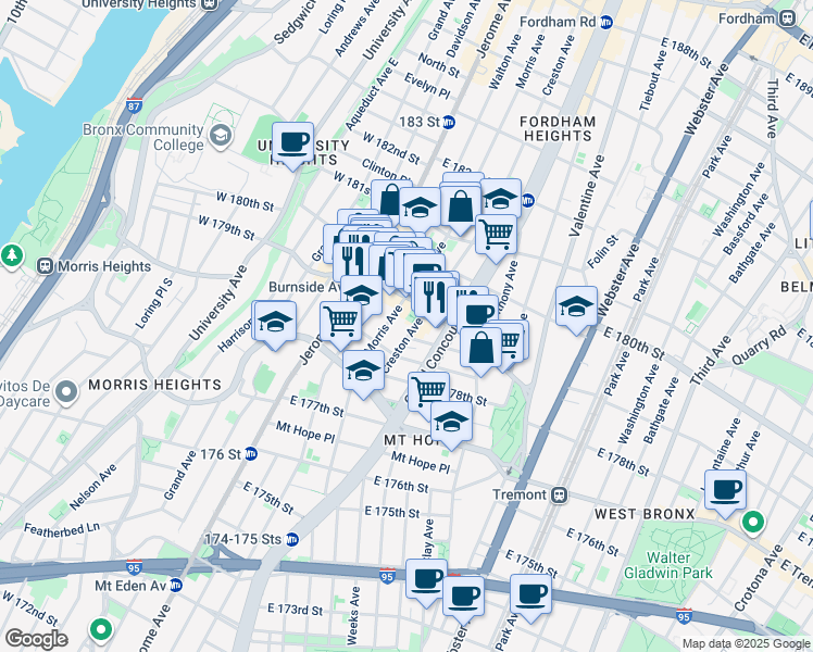 map of restaurants, bars, coffee shops, grocery stores, and more near in The Bronx