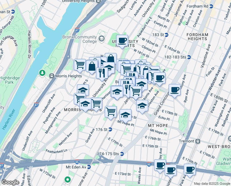 map of restaurants, bars, coffee shops, grocery stores, and more near 1975 Grand Avenue in The Bronx