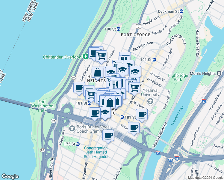 map of restaurants, bars, coffee shops, grocery stores, and more near in New York