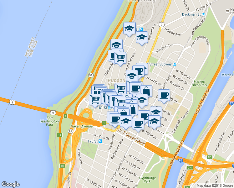 map of restaurants, bars, coffee shops, grocery stores, and more near 536 Fort Washington Avenue in New York
