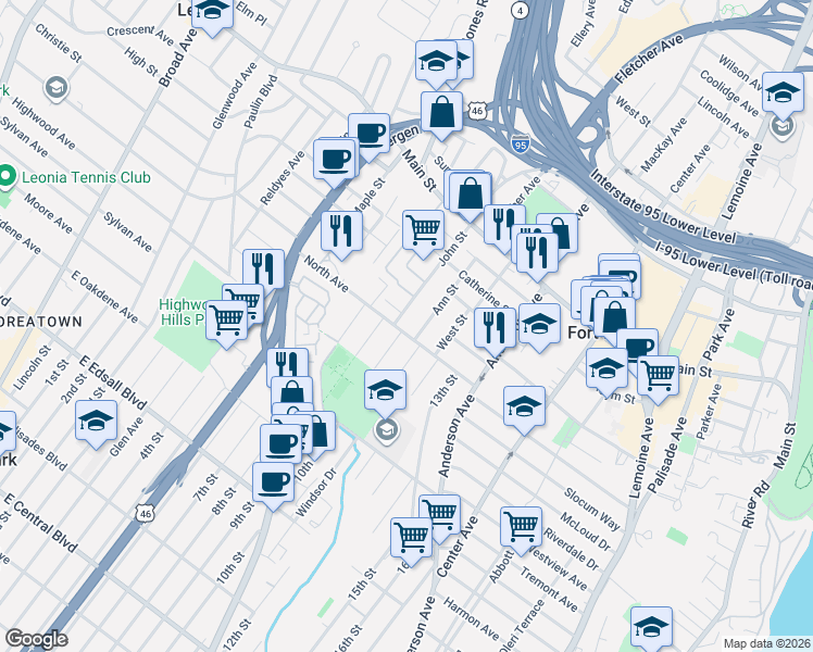 map of restaurants, bars, coffee shops, grocery stores, and more near 479 North Avenue in Fort Lee