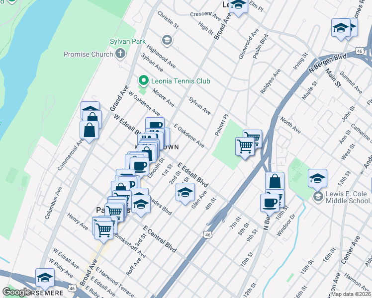 map of restaurants, bars, coffee shops, grocery stores, and more near 534 1st Street in Palisades Park