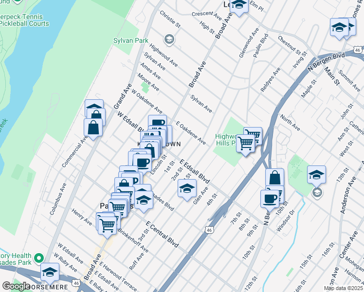 map of restaurants, bars, coffee shops, grocery stores, and more near 534 1st Street in Palisades Park