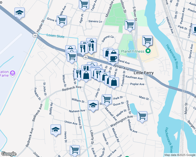 map of restaurants, bars, coffee shops, grocery stores, and more near 201 Main Street in Little Ferry