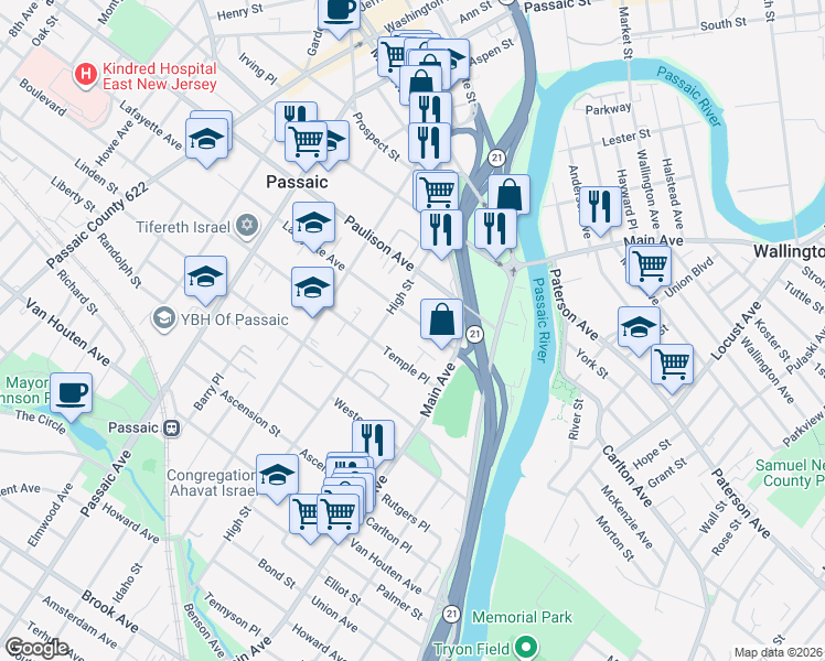 map of restaurants, bars, coffee shops, grocery stores, and more near 75 Lafayette Avenue in Passaic