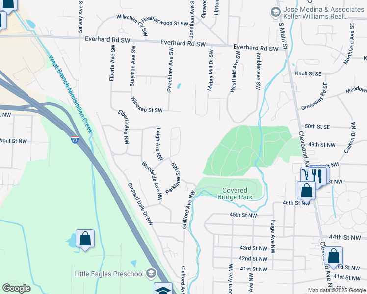 map of restaurants, bars, coffee shops, grocery stores, and more near 2932 Treeside Street Northwest in Canton
