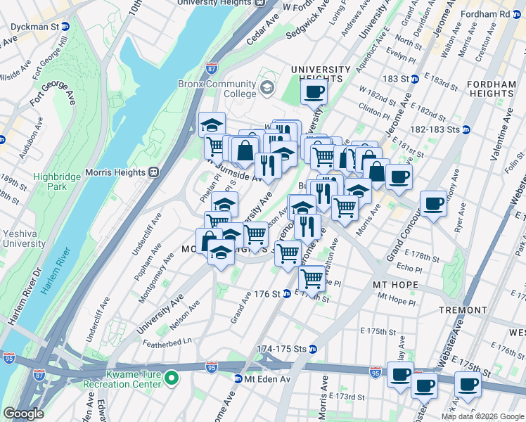 map of restaurants, bars, coffee shops, grocery stores, and more near 1877 Harrison Avenue in The Bronx