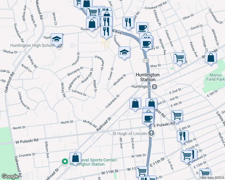 map of restaurants, bars, coffee shops, grocery stores, and more near 141 Winding Street in Huntington Station