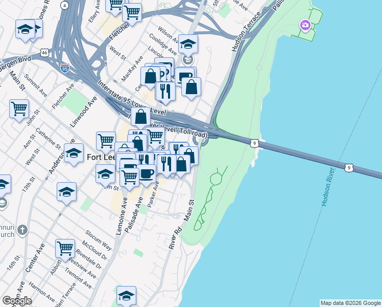map of restaurants, bars, coffee shops, grocery stores, and more near 2050 Central Road in Fort Lee