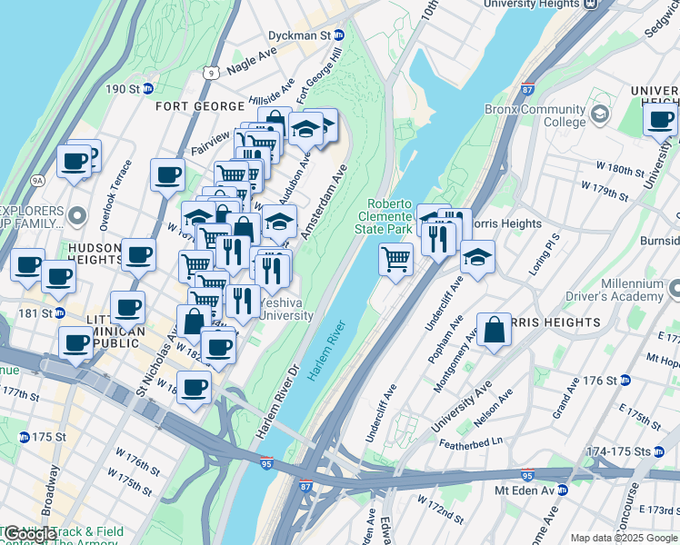 map of restaurants, bars, coffee shops, grocery stores, and more near Harlem River Drive in New York