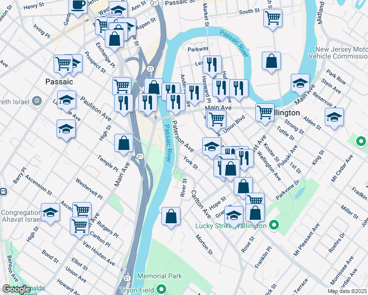 map of restaurants, bars, coffee shops, grocery stores, and more near 964 Paterson Avenue in East Rutherford