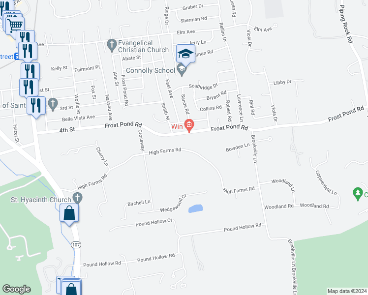 map of restaurants, bars, coffee shops, grocery stores, and more near 35 High Farms Road in Glen Head