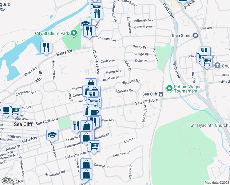 map of restaurants, bars, coffee shops, grocery stores, and more near 9 Marietta Road in Glen Cove