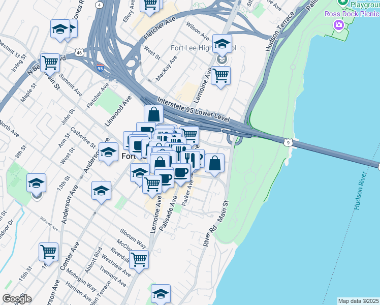 map of restaurants, bars, coffee shops, grocery stores, and more near 675 Park Avenue in Fort Lee