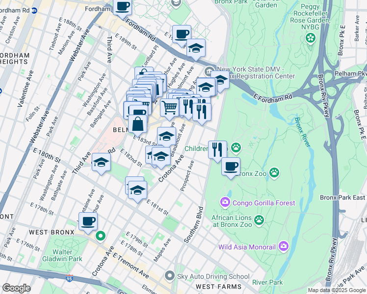 map of restaurants, bars, coffee shops, grocery stores, and more near 2315 Crotona Avenue in Bronx