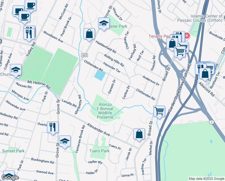 map of restaurants, bars, coffee shops, grocery stores, and more near 38 Daniels Drive in Clifton