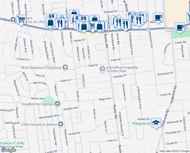 map of restaurants, bars, coffee shops, grocery stores, and more near 28 Van Bergen Boulevard in Centereach