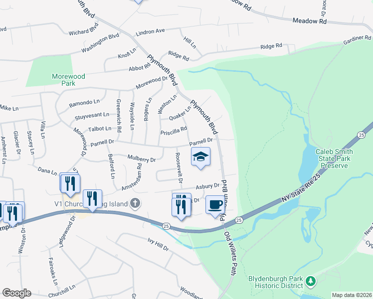 map of restaurants, bars, coffee shops, grocery stores, and more near 50 Parnell Drive in Smithtown