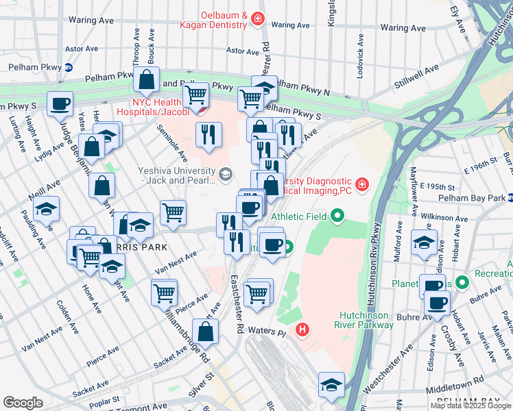 map of restaurants, bars, coffee shops, grocery stores, and more near 1945 Eastchester Road in Bronx