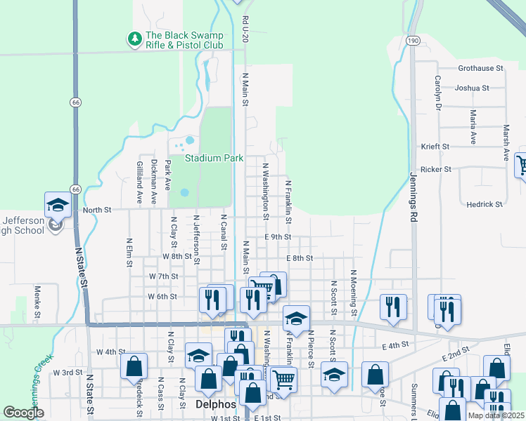 map of restaurants, bars, coffee shops, grocery stores, and more near 1000 N Washington St in Delphos