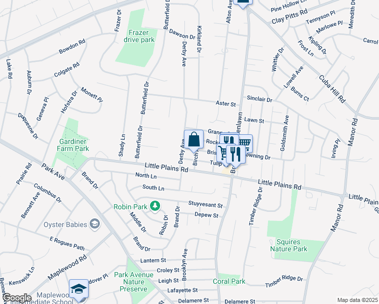 map of restaurants, bars, coffee shops, grocery stores, and more near 30 Bristol Street in Huntington