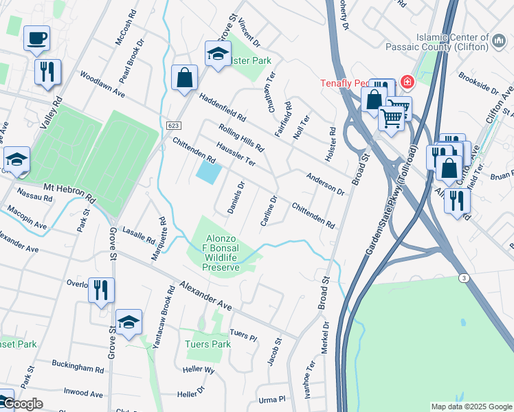 map of restaurants, bars, coffee shops, grocery stores, and more near 25 Rabkin Drive in Clifton