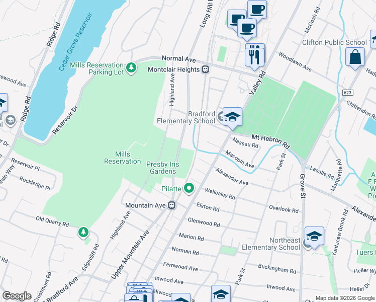 map of restaurants, bars, coffee shops, grocery stores, and more near 205 Upper Mountain Avenue in Montclair